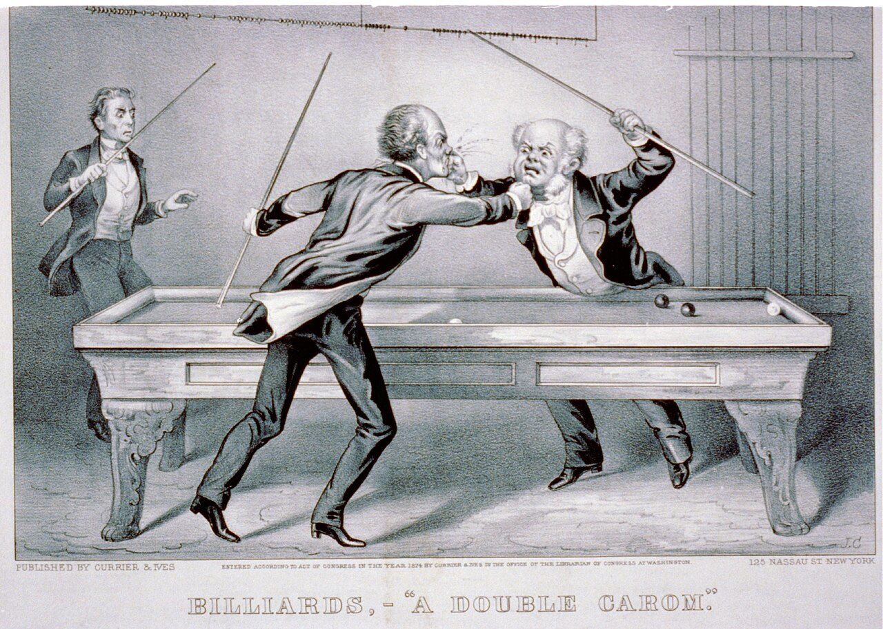 1874 print of two gentlemen fighting over a billiards table