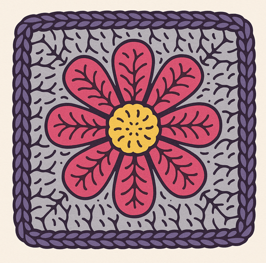 Illustration of a crochet “daisy granny square” in four colors (center, petals, background, and border).