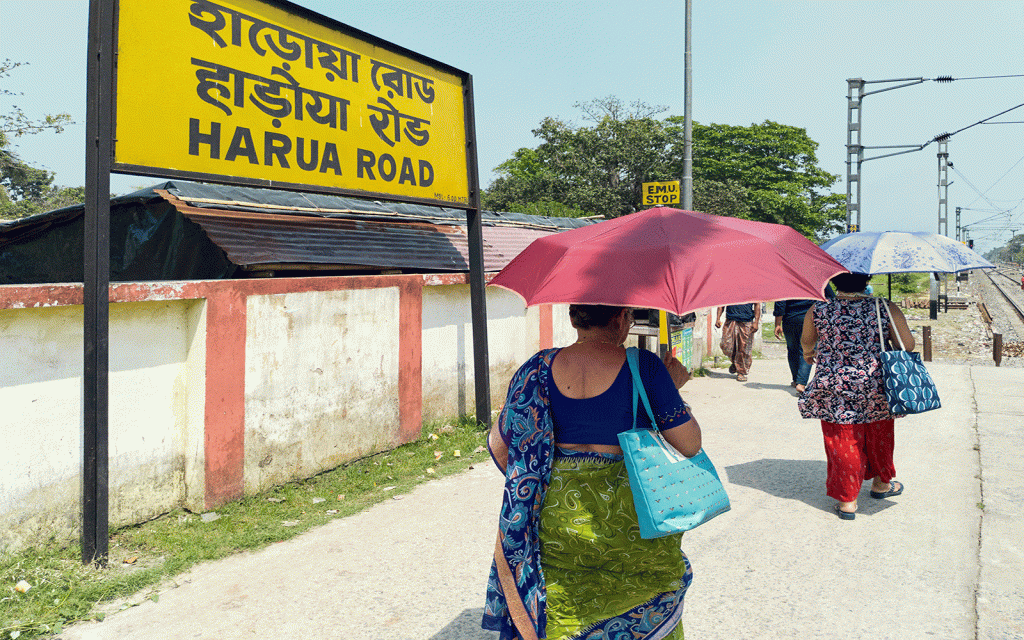 Women shading themselves under umbrellas in India