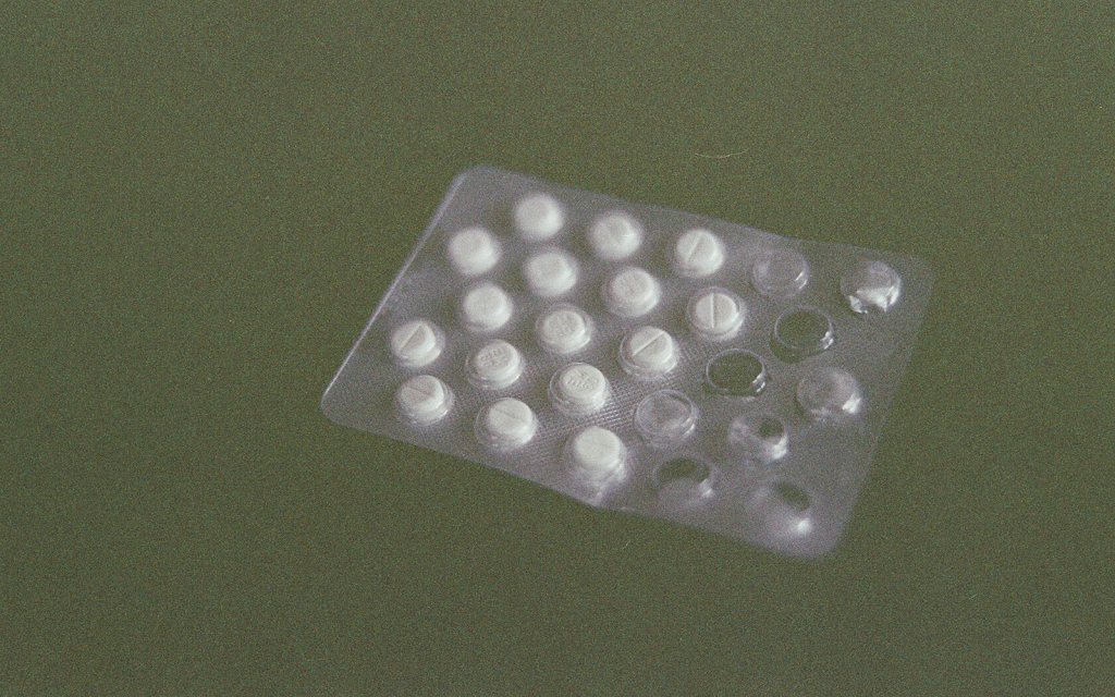 Blister pack of round, white pills