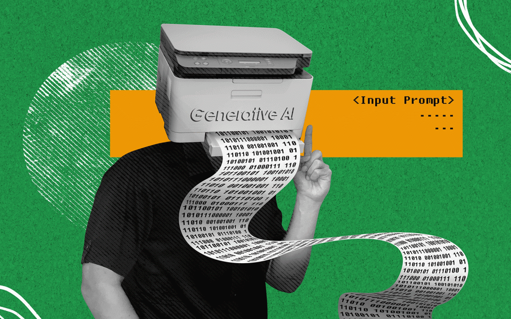 Collage art of generative AI concept Man with printer head representing artificial intelligence generate binary code on printed paper