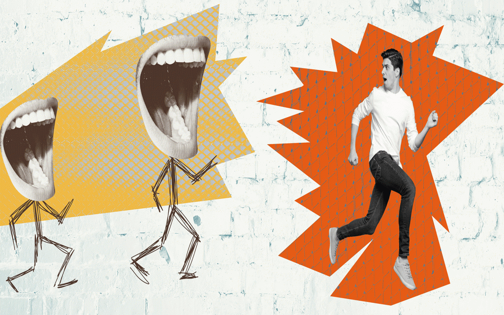 man running away from two shouting mouths on legs