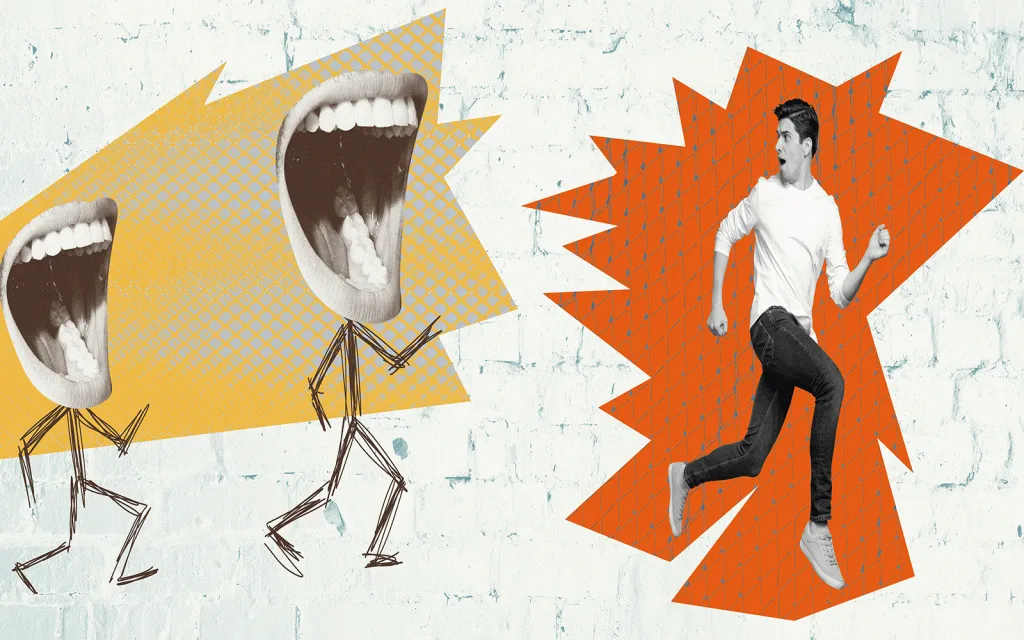 man running away from two shouting mouths on legs